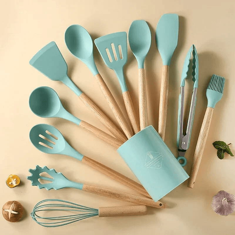 Kit Utensílios de Silicone com Cabo de Madeira (12 Peças) -Acasa