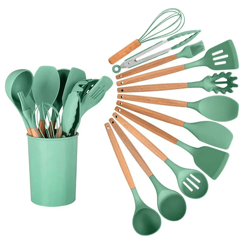 Kit Utensílios de Silicone com Cabo de Madeira (12 Peças) -Acasa