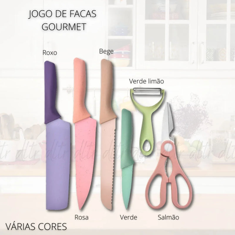 Conjunto Kit Facas Profissional Colorido em Aço Inoxidável com 6 Peças -Acasa