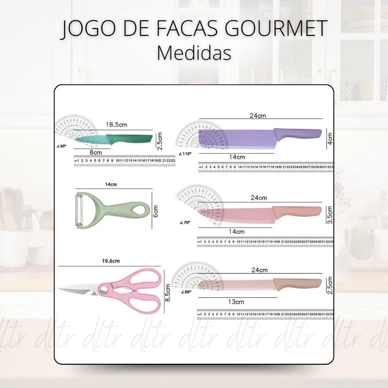 Conjunto Kit Facas Profissional Colorido em Aço Inoxidável com 6 Peças -Acasa