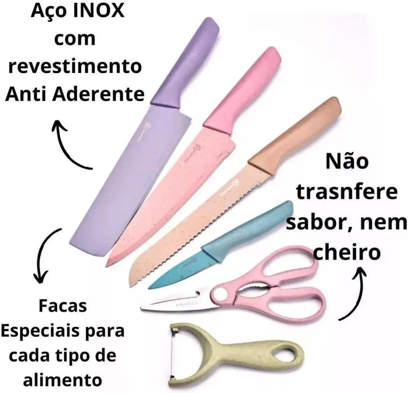 Conjunto Kit Facas Profissional Colorido em Aço Inoxidável com 6 Peças -Acasa